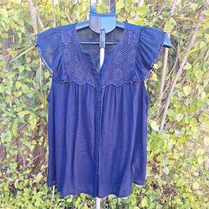 Nanette Lepore Size Large Navy Crochet Sheer Button Up Top Boho Hippie